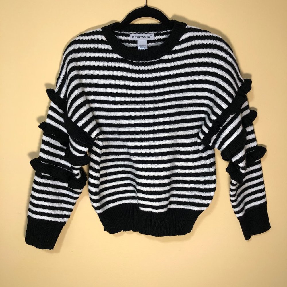 Cotton Emporium Black White Stripe Ruffle Sweater